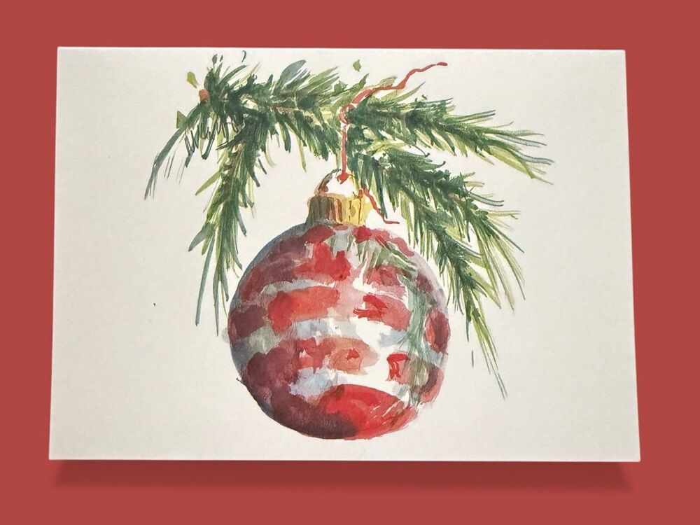 Vintage Oddballs Christmas Notecards - Watercolor- Hanging Red Ornament - 10 Pk